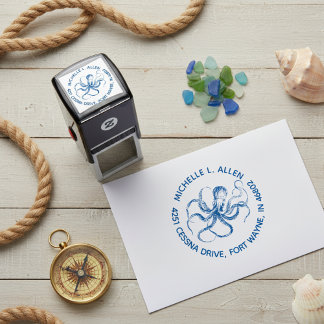 Etched Vintage Octopus Round Return Address Stamp Permastempel