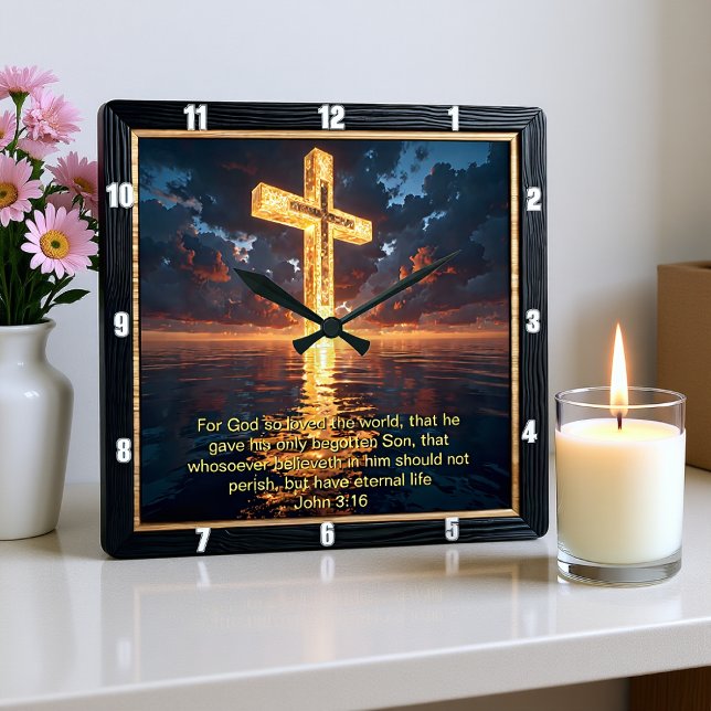 Eternal Promise The Cross Water Sunset John 3:16  Quadratische Wanduhr (Von Creator hochgeladen)