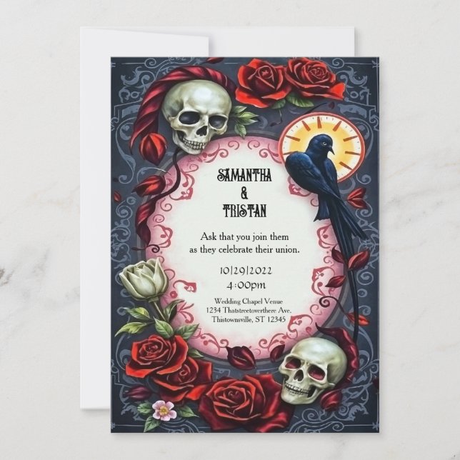 Eternal Raven and Skulls Gothic Vintage Wedding Einladung (Vorderseite)