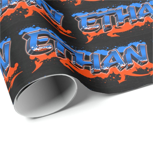Ethan Vorname Name Graffiti blue orange Geschenkpapier (Rolleneckpunkt)