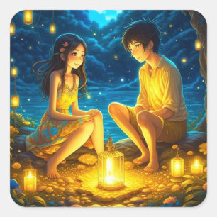 Ethereal Anime Boy and Girl and Golden Lanterns Quadratischer Aufkleber