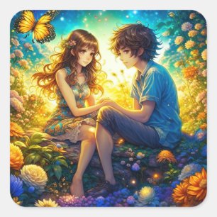 Ethereal Anime Boy and Girl in Liebe Quadratischer Aufkleber