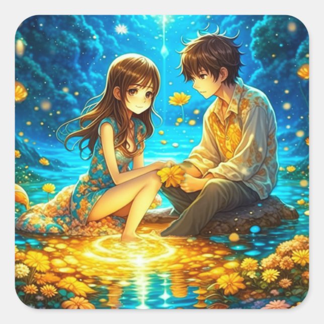 Ethereal Anime Boy and Girl in Liebe Quadratischer Aufkleber (Vorderseite)