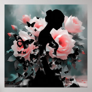 Ethereal Art Ballerina & Butterfliegen Schwarz/Ros Poster
