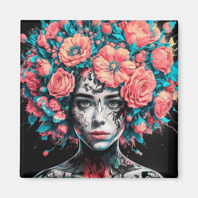 Ethereal Blossoms: Surreal Portrait in Ink and Wat Magnet (Vorne)