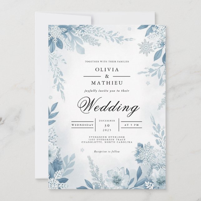 Ethereal Blue Blossom Winter Wedding Einladung (Vorderseite)