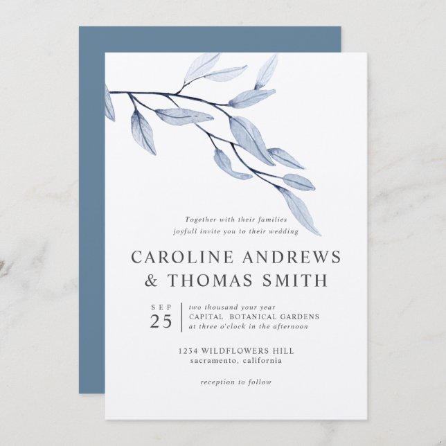 Ethereal Blue | Chic Botanical Blätter Hochzeit Einladung (Vorne/Hinten)