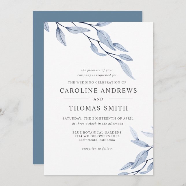 Ethereal Blue | Hochzeit von eleganten botanischen Einladung (Vorne/Hinten)