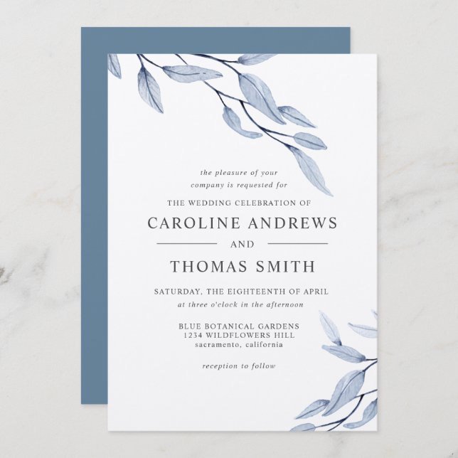 Ethereal Blue | Hochzeit von eleganten botanischen Einladung (Vorne/Hinten)