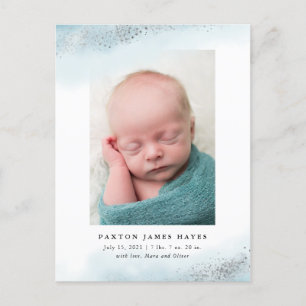 Ethereal Blue und Silver Cloud Baby Foto Birth Ankündigungspostkarte