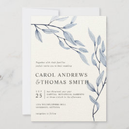 Ethereal Blue | Vertikale botanische Blätter Hochz Einladung