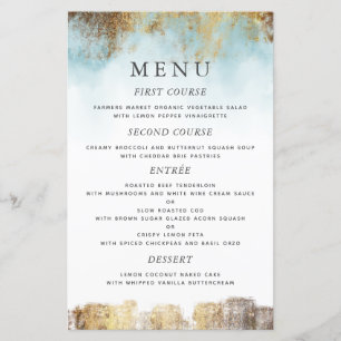 Ethereal Blue Watercolor Gold Wedding Dinner Menü