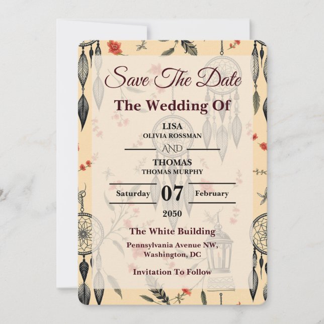 Ethereal Boho Feather Wildflower Wedding Motif Save The Date (Vorderseite)