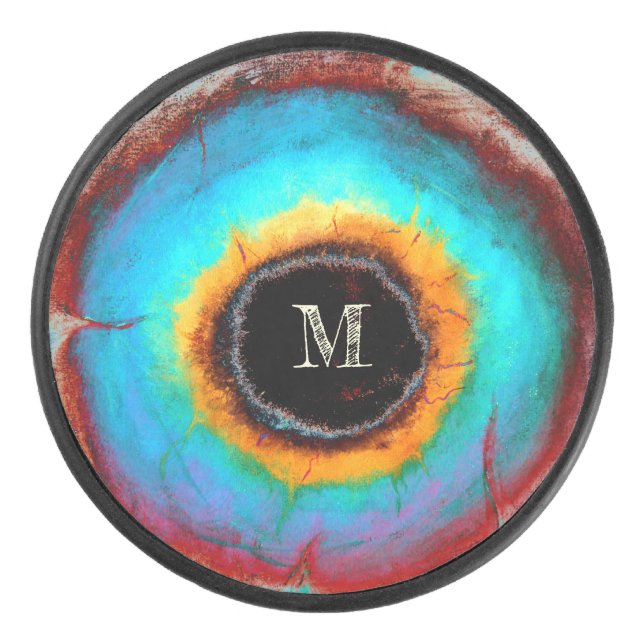 Ethereal Cosmic Eye Monogram Lebendige Abstrakte K Eishockey Puck (Vorderseite)