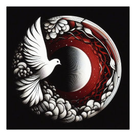 Ethereal Dove Planet - Noir Ink und Red Mandala Fotodruck