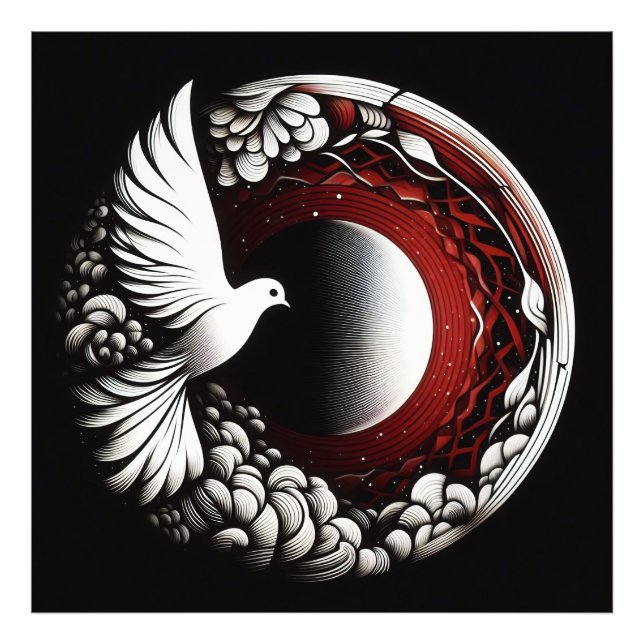 Ethereal Dove Planet - Noir Ink und Red Mandala Fotodruck (Vorne)