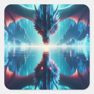 Ethereal Dragon Reflection AI Art Quadratischer Aufkleber