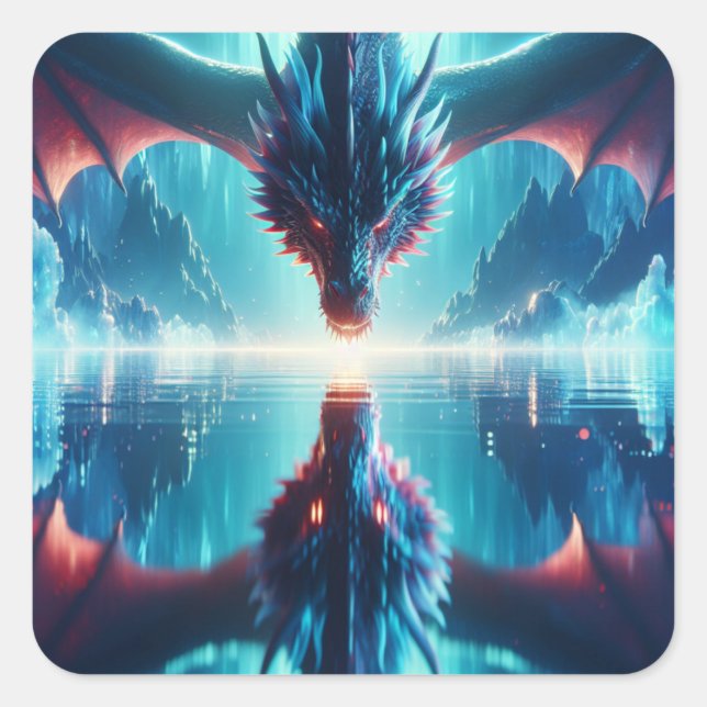 Ethereal Dragon Reflection AI Art Quadratischer Aufkleber (Vorderseite)