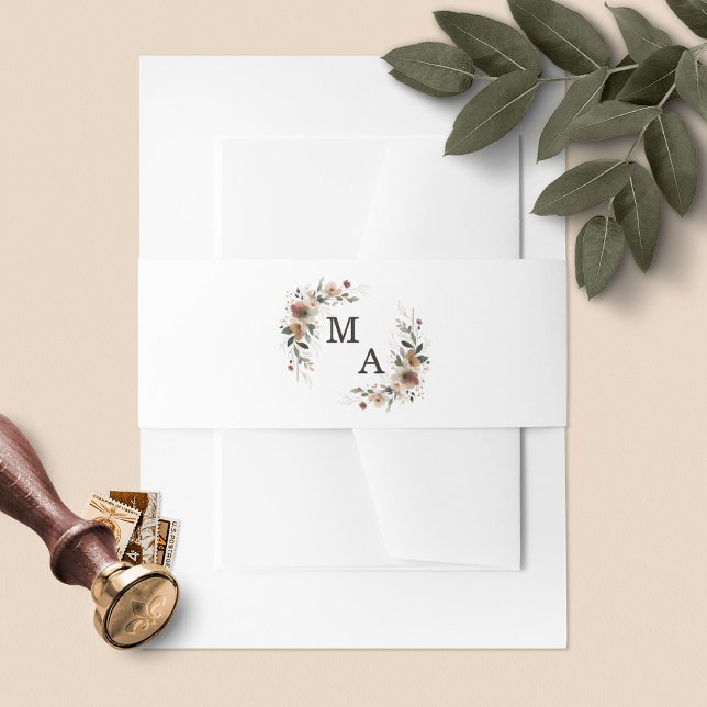 Ethereal Elegance Boho Wreath Monogram Wedding Einladungsbanderole (Wrap your invites in style with our floral monogram belly bands, in 6 boho colorways.)