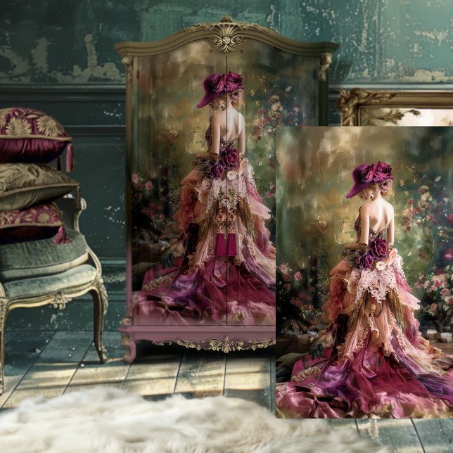Ethereal Elegance Frische Pasta machen Seidenpapier (Burgundy Wine Lady in a Hat Ethereal Portrait & Floral Digital Decoupage Tissue Paper)