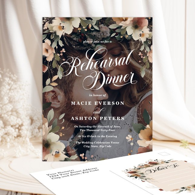Ethereal Elegance Probe Abendessen Foto Overlay Einladungspostkarte (Elegant, affordable rehearsal dinner invites with a romantic cottagecore touch.)