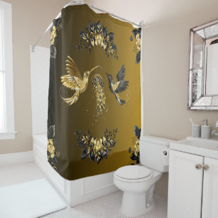 Ethereal-Elegance: Schwarz-Gold-Graphic-Symphonie Duschvorhang