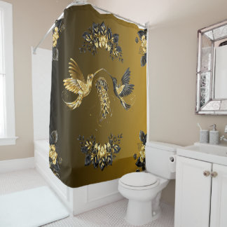 Ethereal-Elegance: Schwarz-Gold-Graphic-Symphonie Duschvorhang