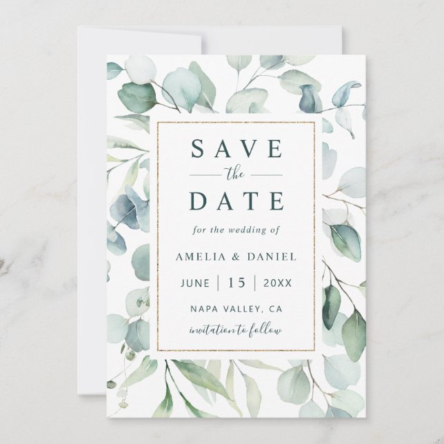 Ethereal Eukalyptus Gold Greenerity Wedding Save The Date (Vorderseite)