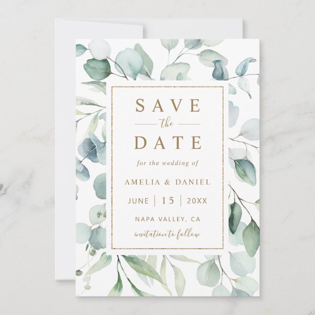Ethereal Eukalyptus Gold Script Greenery Wedding Save The Date (Vorderseite)