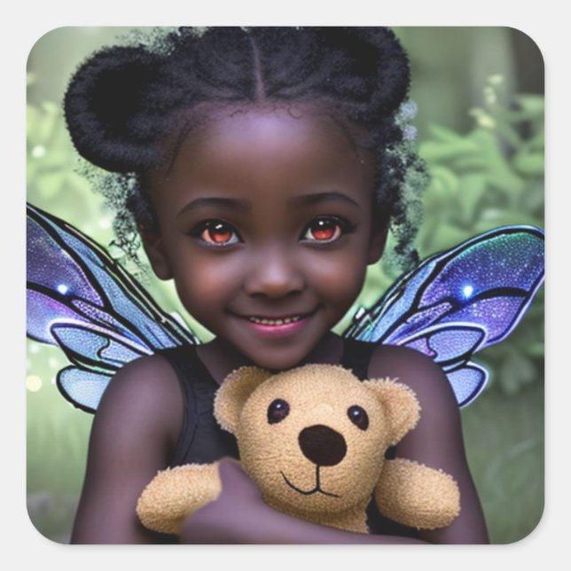 Ethereal Fairy Girl and Teddy Bear Quadratischer Aufkleber (Vorderseite)