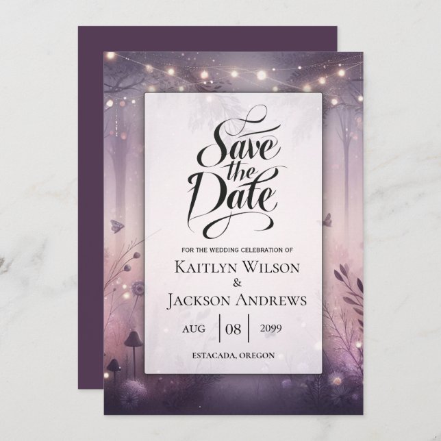 Ethereal Fairy Lights Forest Wedding Save The Date (Vorne/Hinten)
