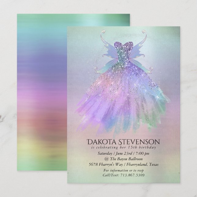 Ethereal Fairy Wing Gown | Rainbow Pastel Sheen Einladung (Vorne/Hinten)