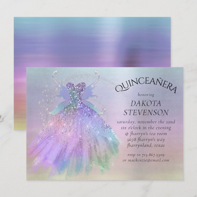 Ethereal Fairy Wing Gown | Rainbow Pastel Sheen Einladung (Vorne/Hinten)