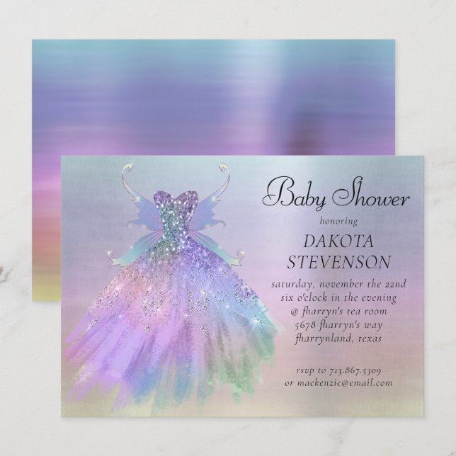 Ethereal Fairy Wing Gown | Rainbow Pastel Sheen Einladung (Vorne/Hinten)