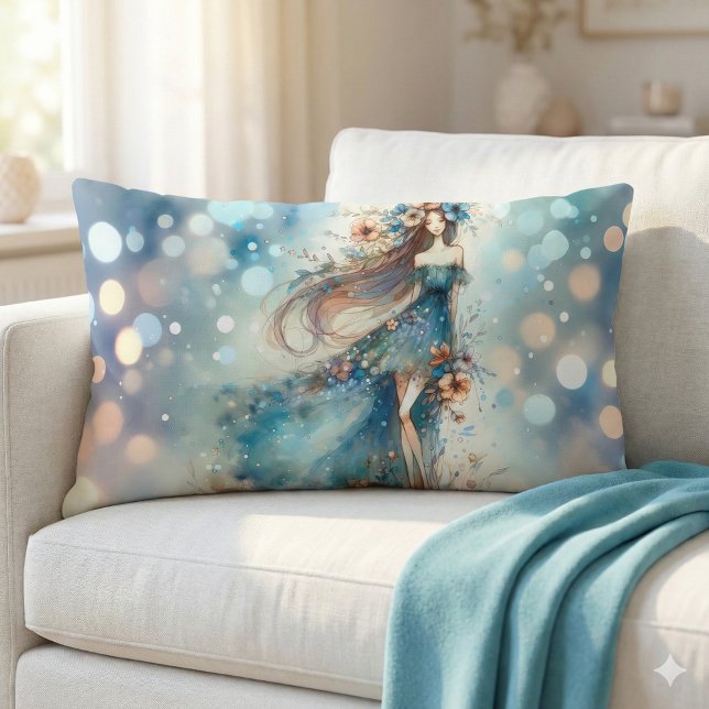 Ethereal Fantasy Goddess in a Watercolor Dream Lendenkissen (Ethereal Fantasy Goddess in a Watercolor Dream Lumbar Pillow Mockup A)