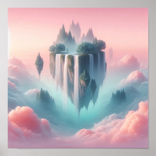 Ethereal Floating Islands and Waterfalls in Pastel Poster (Vorne)