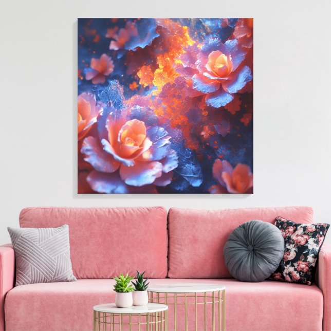 Ethereal Floral Energy – Blue & Fiery Rose Art Leinwanddruck (Insitu (Wohnzimmer))