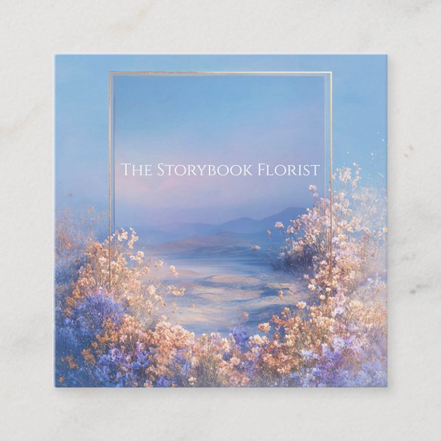 Ethereal Floral Meadow Gold Frame Serene Landscape Quadratische Visitenkarte (Vorderseite)