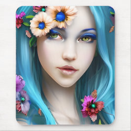 Ethereal Frau mit Blume in ihrem blauen Haar Mousepad