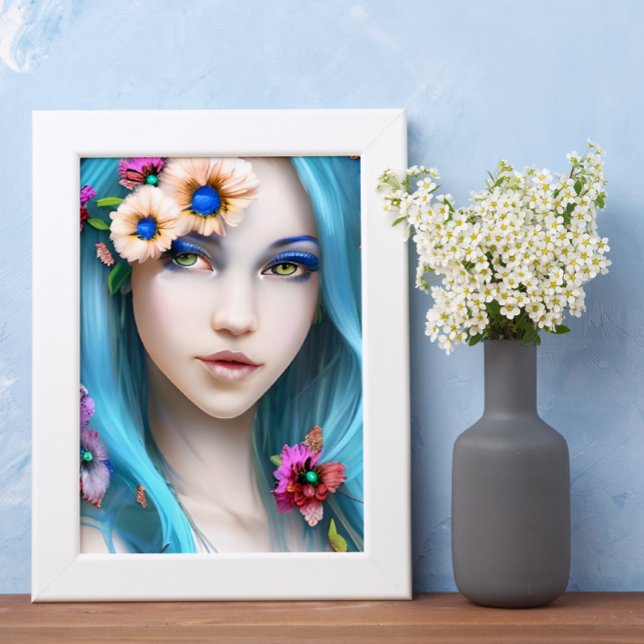 Ethereal Frau mit Blume in ihrem blauen Haar Poster (Von Creator hochgeladen)
