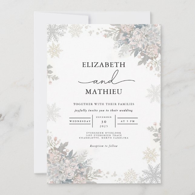 Ethereal Frost Floral Winter Wedding Einladung (Vorderseite)