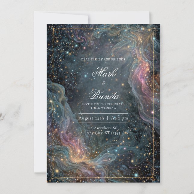 Ethereal Gold Celestial Nebula Wedding Einladung (Vorderseite)