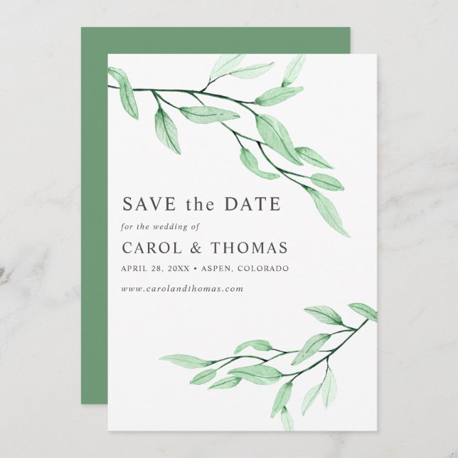 Ethereal Green | schick VERTICAL Save the Date Einladung (Vorne/Hinten)