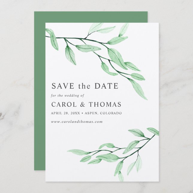 Ethereal Green | schick VERTICAL Save the Date Einladung (Vorne/Hinten)
