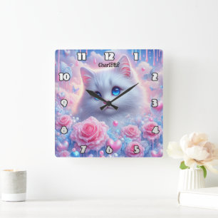 Ethereal Kitty: Rose, Träume, blaue Augen Quadratische Wanduhr