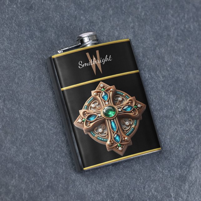 Ethereal-Kreuzfibel mit blauen und grünen Steinen Flachmann (Von Creator hochgeladen)