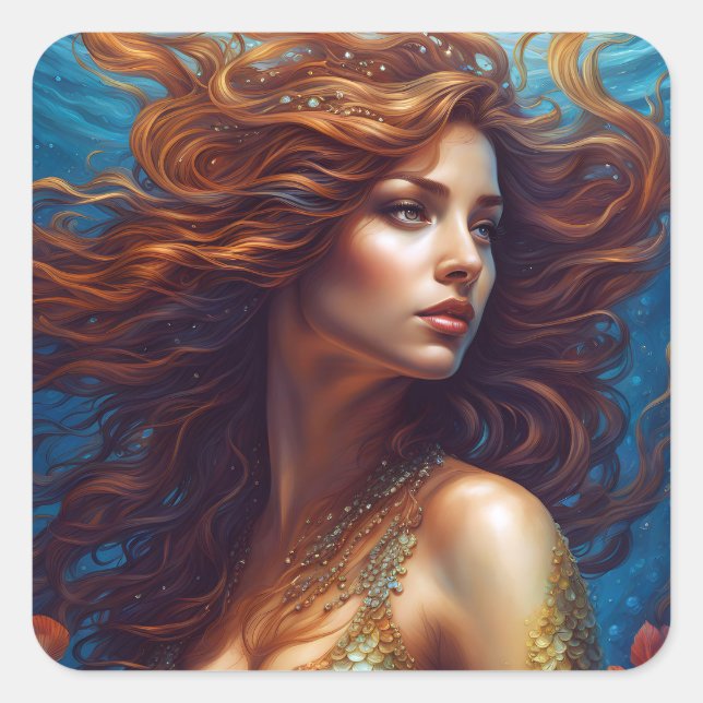 Ethereal Meerjungfrau Art Print Fantasy Underwater Quadratischer Aufkleber (Vorderseite)