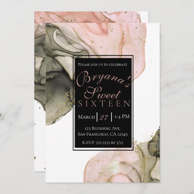 Ethereal Moody Pink Black Gold Inky Glam Sweet 16 Einladung (Vorne/Hinten)