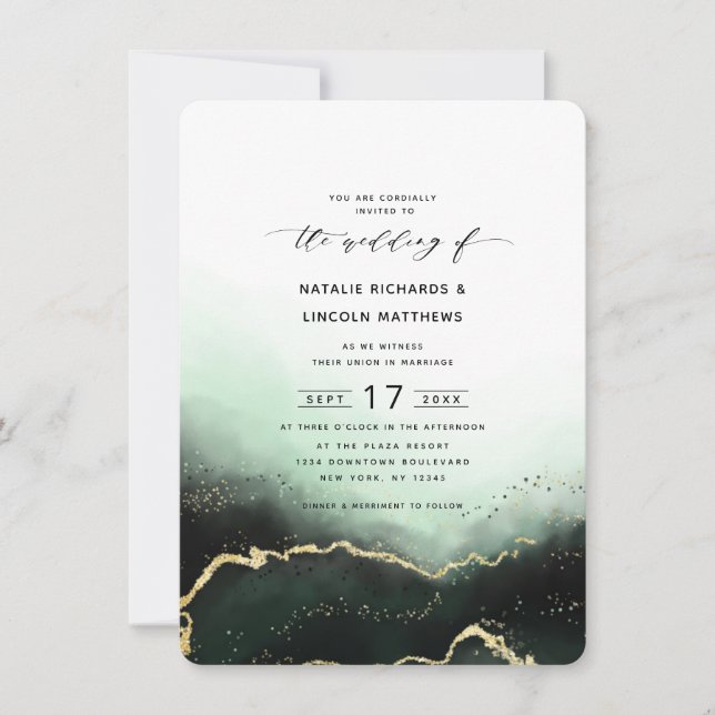 Ethereal Ombre Emerald Gold Foil Script Wedding Einladung (Vorderseite)