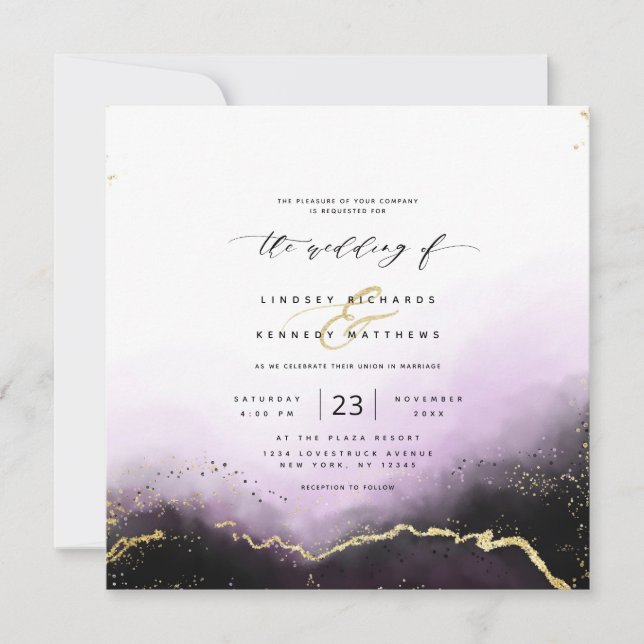 Ethereal Ombre Lila Gold Luxury Square Wedding Einladung (Vorderseite)